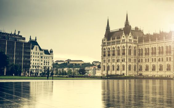 view on square and National Hungarian Parliament