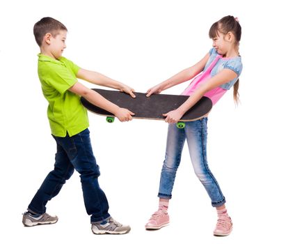 funny boy and girl pulling skate on sides isolated on white background