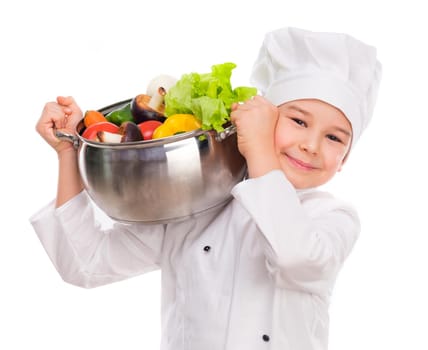 little boy in white uniform holding pan with vegetables on shoulder isolated on white background