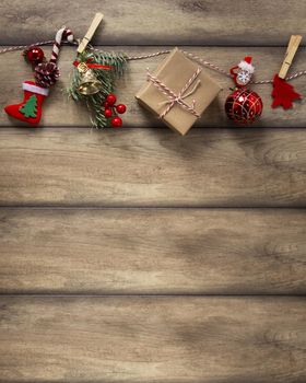 christmas decorations hanging wooden background