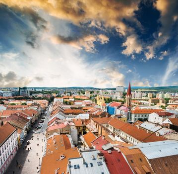 scrnic view on roofs and central part of Kosice in Slovakia at sunset