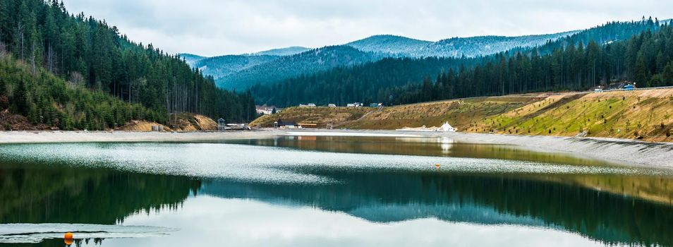 beautiful panoramic view on mountain lake and Carpathian mountains, Ukraine