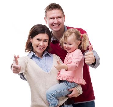 parents with little daughter portrait with thumbs up isolated on white background