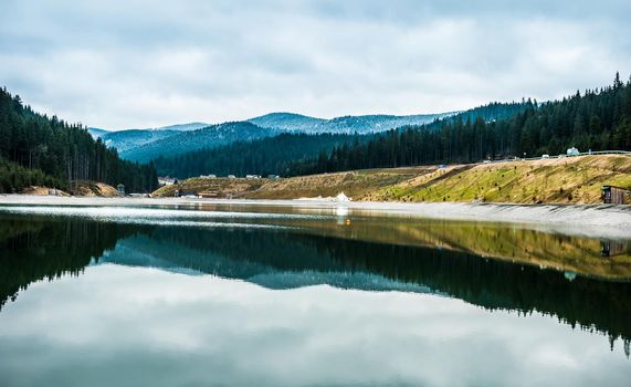 beautiful panoramic view on mountain lake and Carpathian mountains, Ukraine