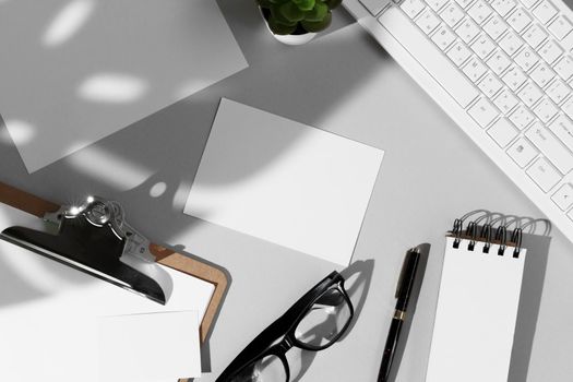 Flat lay composition with blank stationery mock-up, copy space