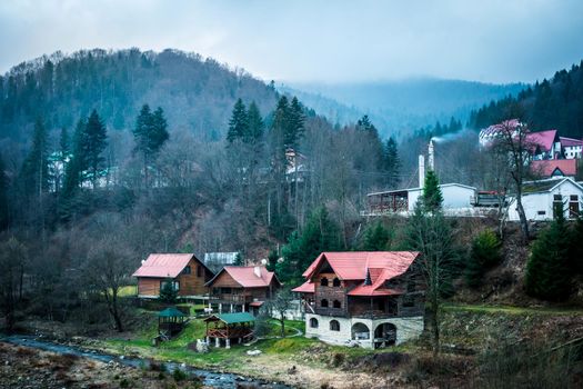amazing mountain landscape of picturesque village Yaremcha in Carpathians, Ukraine