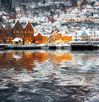 Famous Bryggen street with wooden colored houses in Bergen, Norway
