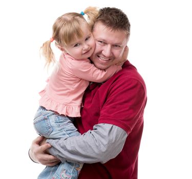 hug of father and his little dayghter in his arms isolated on white background