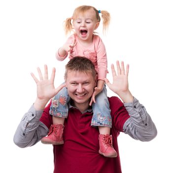 father with daughter on his shoulders with hands up isolated on white background