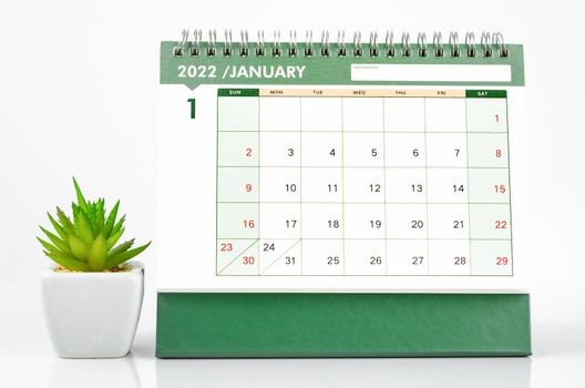 The january 2022 desk calendar on white background.