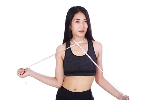 fitness woman with tape measure around her neck isolated on a white background