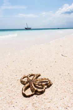 octopus on seashore with blue ocean with boat on the background