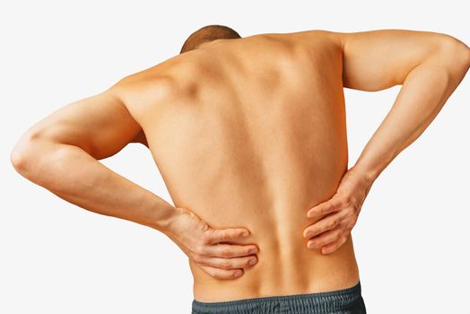 Acute pain in a male lower back, on a white background