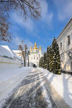 Kiev, Ukraine - January 10, 2020: Beautiful winter view on National Kyiv Pechersk Historical and Cultural Preserve or Pechersk Lavra also Kyiv Monastery of the Caves