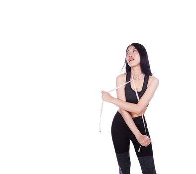 fitness woman with tape measure around her neck isolated on a white background