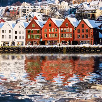 Bergen, Norway - December 27, 2014: Famous Bryggen and old houses in the center of Bergen at Christmas, Norway
