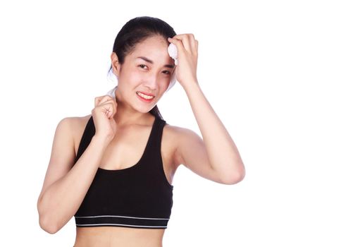 young sporty woman with a towel isolated on a white background