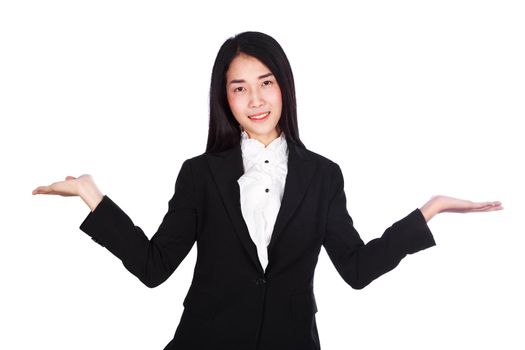 young business woman in suit with empty hand isolated on white background