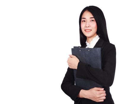 smiling business woman in suit holding a clipboard isolated on a white background