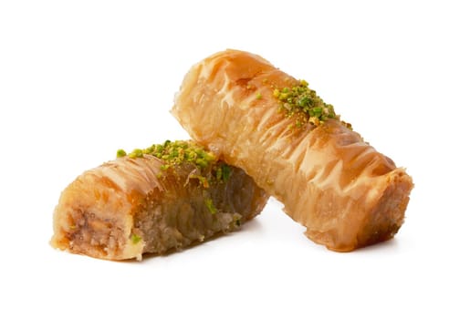 Delicious sweet baklava isolated on white background, close up