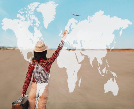 Double exposure map of world combined with image of traveler woman with suitcase on runway. Concept of travel