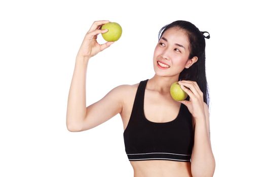 young fitness woman with green apple isolated on a white background