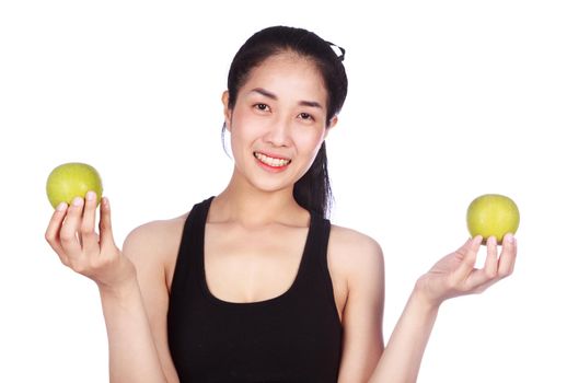 young fitness woman with green apple isolated on a white background