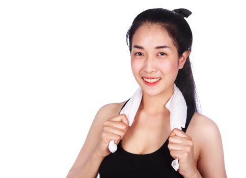 young sporty woman with a towel isolated on a white background