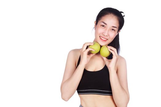 young fitness woman with green apple isolated on a white background