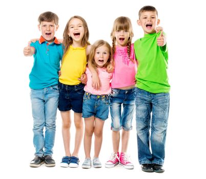 funny laughing children embracing each other with thumbs up in colorful clothes isolated on white background