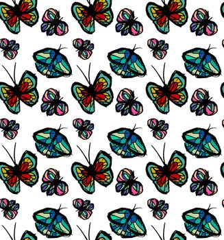 bright pattern with butterflies. Paints paint, hand drawn butterflies. Pattern for textiles. Girlish background