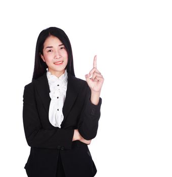 young business woman smiling and thinking isolated on white background