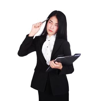 young business woman thinking and holding a clipboard isolated on a white background