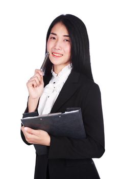 smiling business woman in suit holding a clipboard and pen isolated on a white background