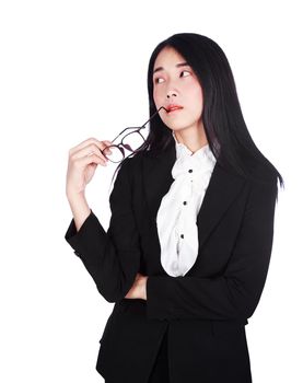 young business woman in suit holding glasses isolated on white background