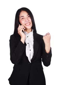 successful young business woman talking on mobile phone isolated on white background