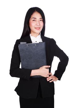 smiling business woman in suit holding a clipboard isolated on a white background