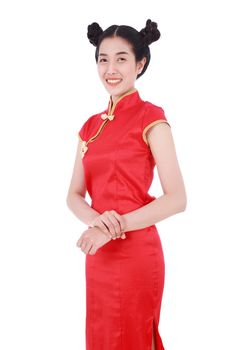 beautiful woman wear red cheongsam in concept of happy chinese new year isolated on white background