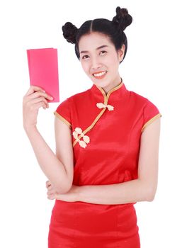 beautiful woman wear cheongsam and holding red envelope in concept of happy chinese new year isolated on white background