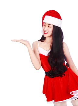 woman with empty blank palm hand in Santa Claus clothes isolated on a white background