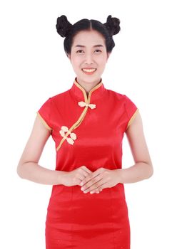 beautiful woman wear red cheongsam in concept of happy chinese new year isolated on white background