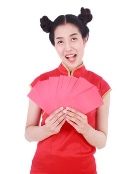 beautiful woman wear cheongsam and holding red envelope in concept of happy chinese new year isolated on white background