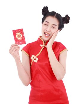 beautiful woman wear cheongsam and holding red envelope in concept of happy chinese new year isolated on white background