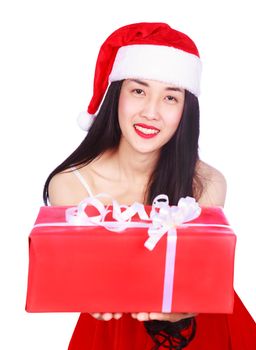 happy woman in Santa Claus clothes with gift box isolated on a white background