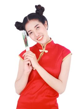 woman wearing chinese cheongsam dress and holding a chinese fan isolated on a white background