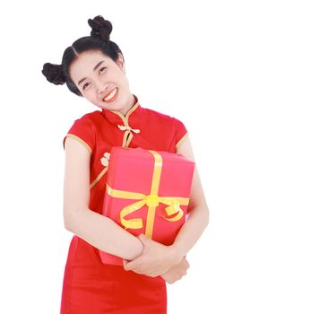 young woman holding red gift box in concept of happy chinese new year isolated on a white background
