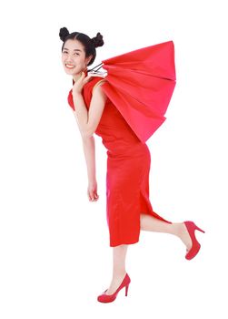 happy woman holding shopping bag on chinese new year celebration isolated on white background