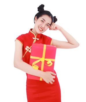 young woman holding red gift box in concept of happy chinese new year isolated on a white background
