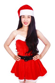 happy woman in Santa Claus clothes isolated on a white background