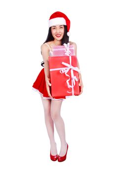 happy woman in Santa Claus clothes with gift box isolated on a white background